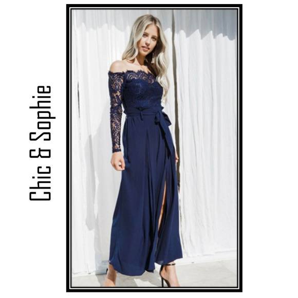 Pants - Navy Jumpsuit Romper Lace Off Shoulder Lady Summer